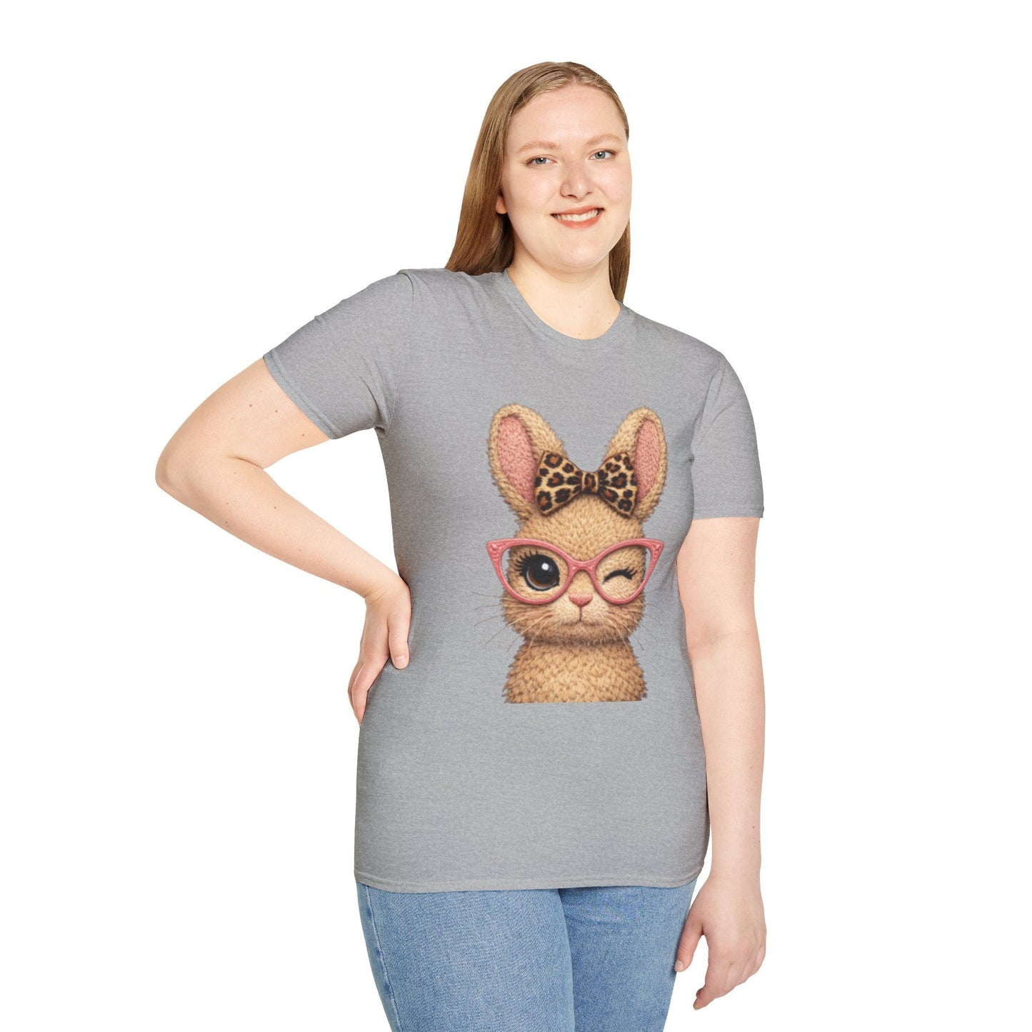 Winking Bunny Graphic Tee — Cute Bunny with Leopard Bow & Pink Glasses