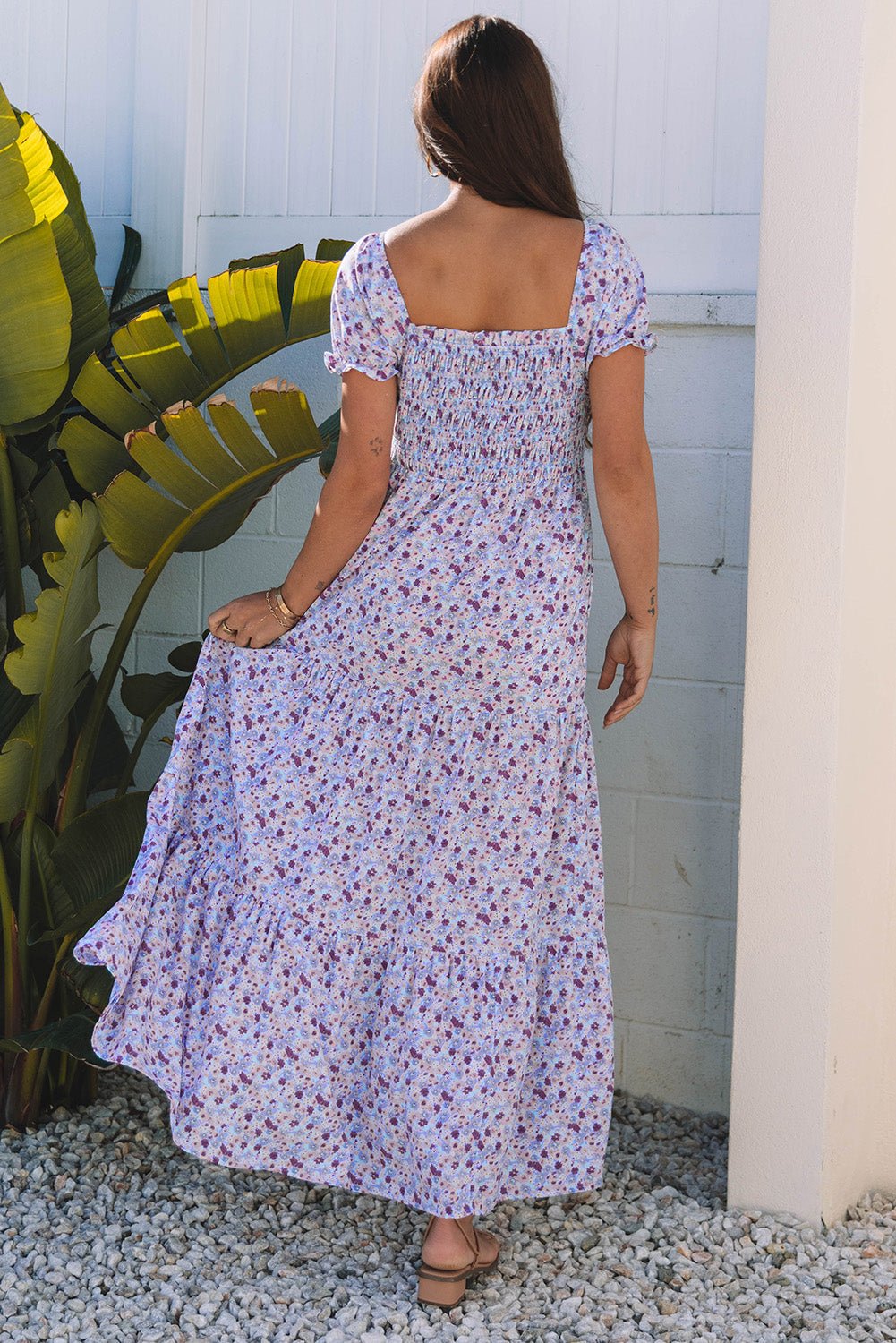 Purple Floral Short Bubble Sleeve Shirred High Waist Maxi Dress - Loving It Shop