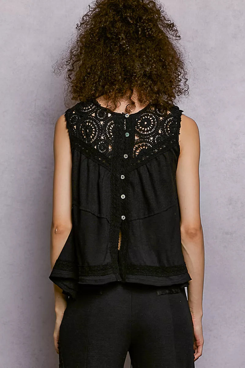 Round Neck Sleeveless Top with Crochet Contrast