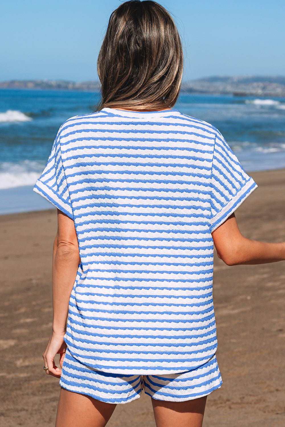 Sky Blue Stripe Knitted Short Sleeve Top and Drawstring Shorts Set - Loving It Shop