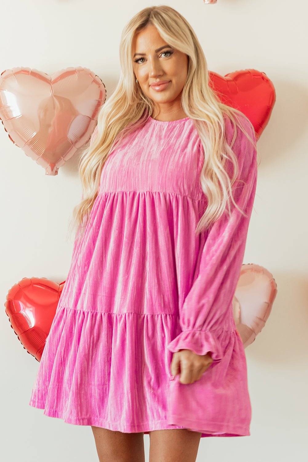 Strawberry Pink Flounce Sleeve Tiered Ruffled Velvet Mini Dress - Loving It Shop