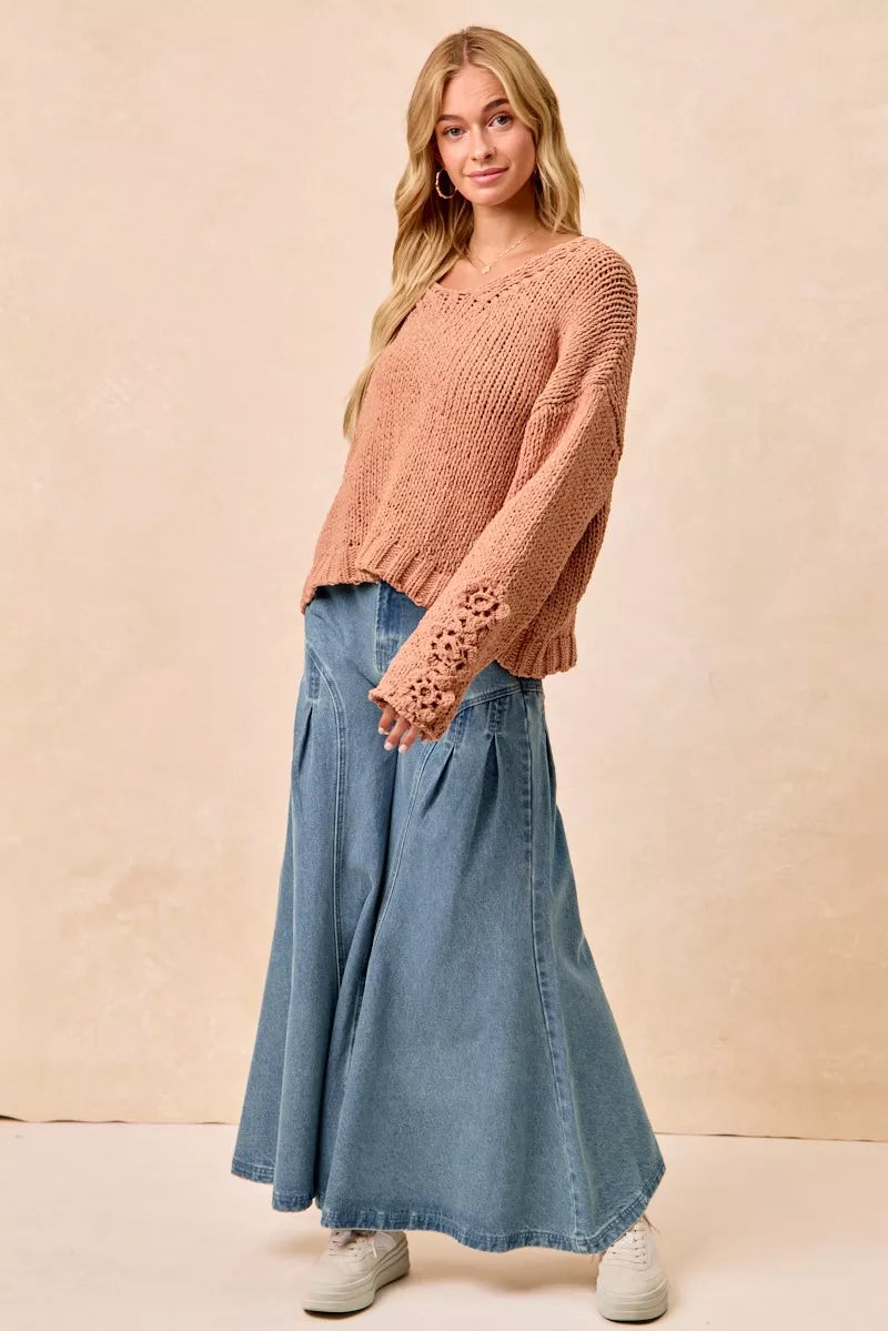 Chunky Knit Sweater with Flower Detail Sleeves