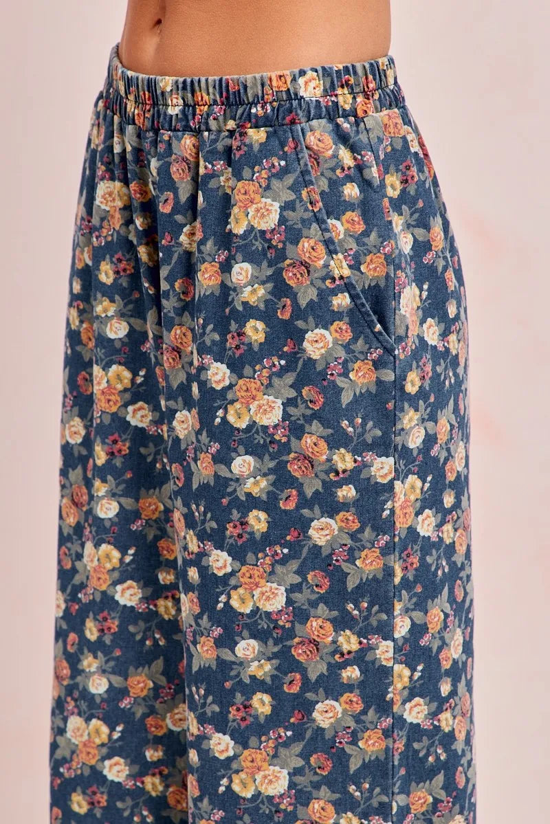 Washed Floral Print Wide Leg Jeans