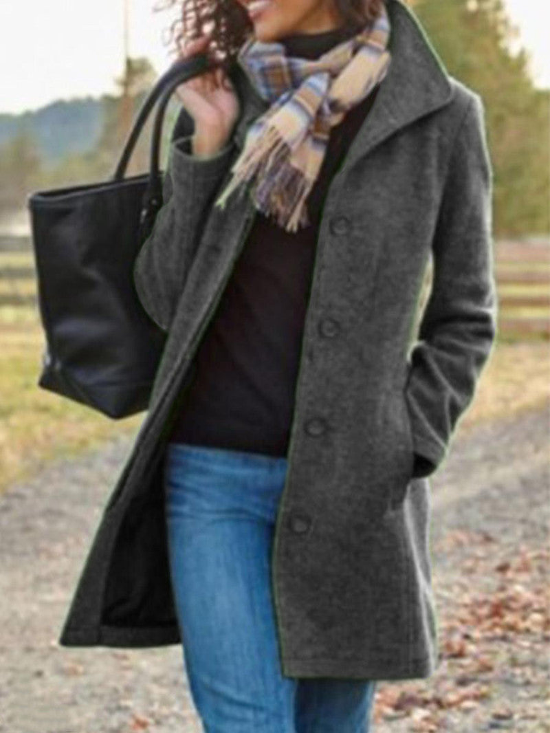 Winter Single-breasted Lapel Coat Fashion Commuter Slim Mid-length Jacket Women&