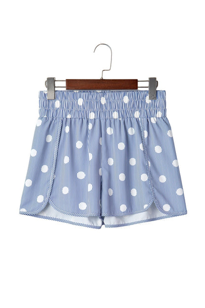 Sky Blue Polka Dot Print Shirred High Waist Casual Shorts - Loving It Shop