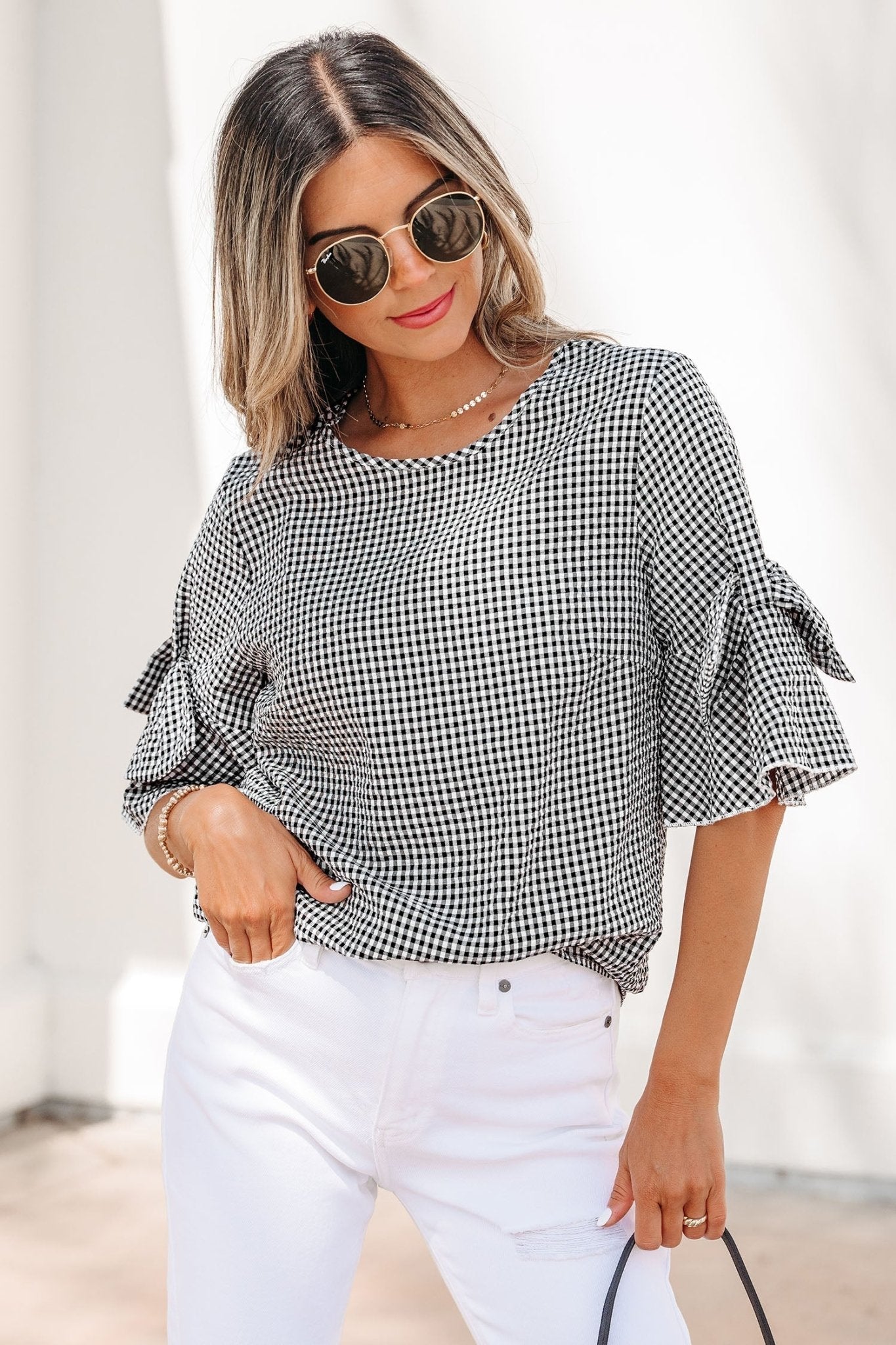 Black Plaid Bow Ruffled Half Sleeve Round Neck Blouse - Loving It Shop