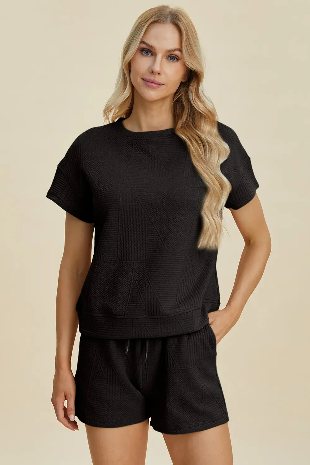 I am a Fashion Junky Full Size Texture Short Sleeve Top and Shorts Set