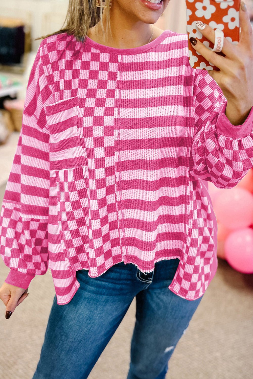 Rose Red Checkerboard Striped Patchwork Lantern Sleeve Pocketed Blouse - Loving It Shop