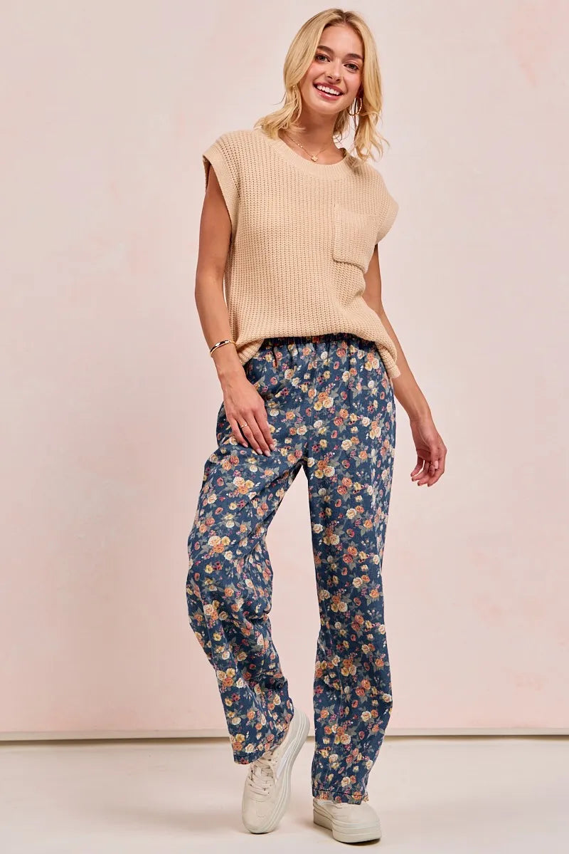 Washed Floral Print Wide Leg Jeans