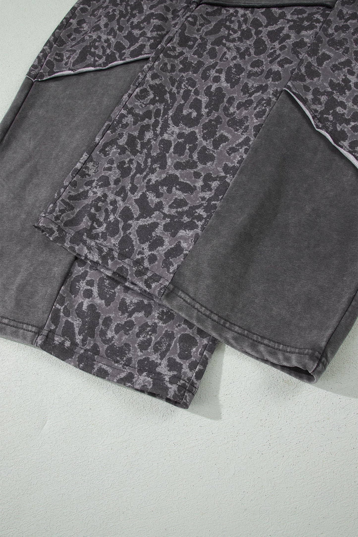 Dark Grey Plus Size Leopard Patchwork Mineral Wash Wide Leg Pants