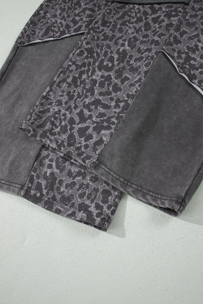 Dark Grey Plus Size Leopard Patchwork Mineral Wash Wide Leg Pants