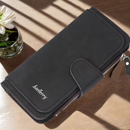 Vintage Faux Leather Long Wallet – Trifold Credit Card Holder with Snap &amp; Zipper