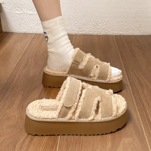Fluffy Platform Velcro Slippers - Loving It Shop