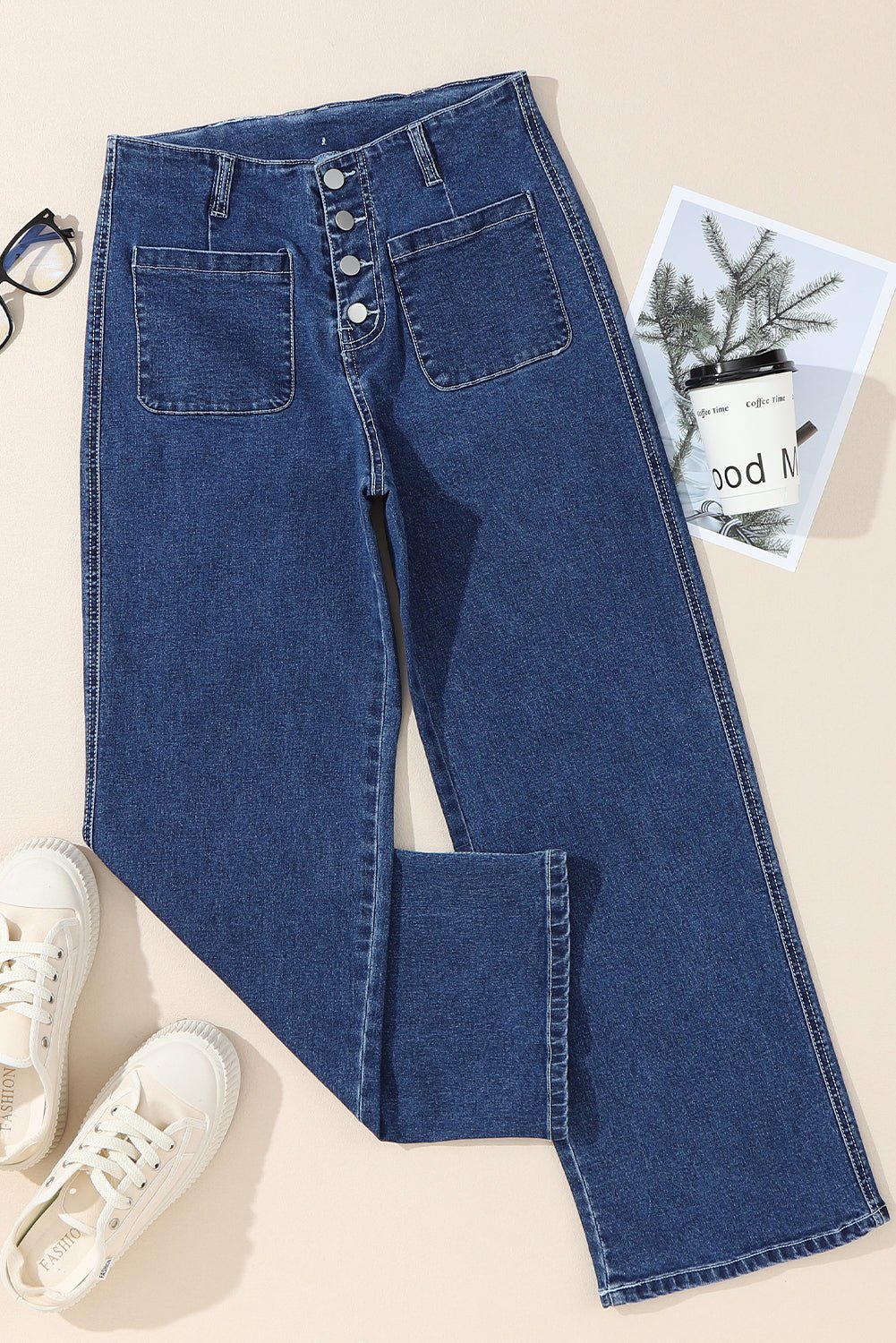 Sail Blue High Waist Button Front Wide Leg Cropped Jeans - Loving It Shop