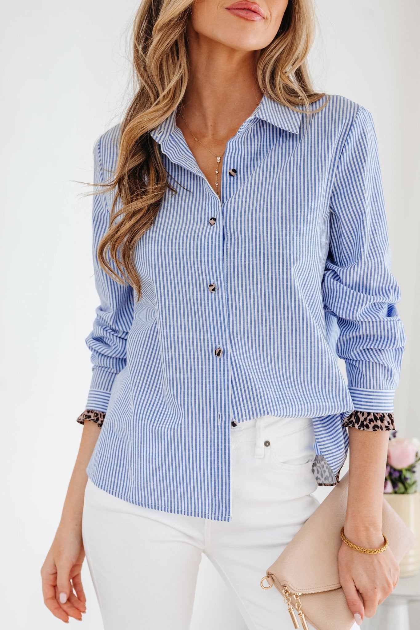 Sky Blue Stripe Contrast Frilled Leopard Trim Casual Long Sleeve Shirt - Loving It Shop