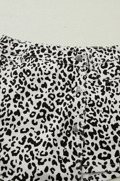 Brown Leopard Print Button Overlap Denim Shorts