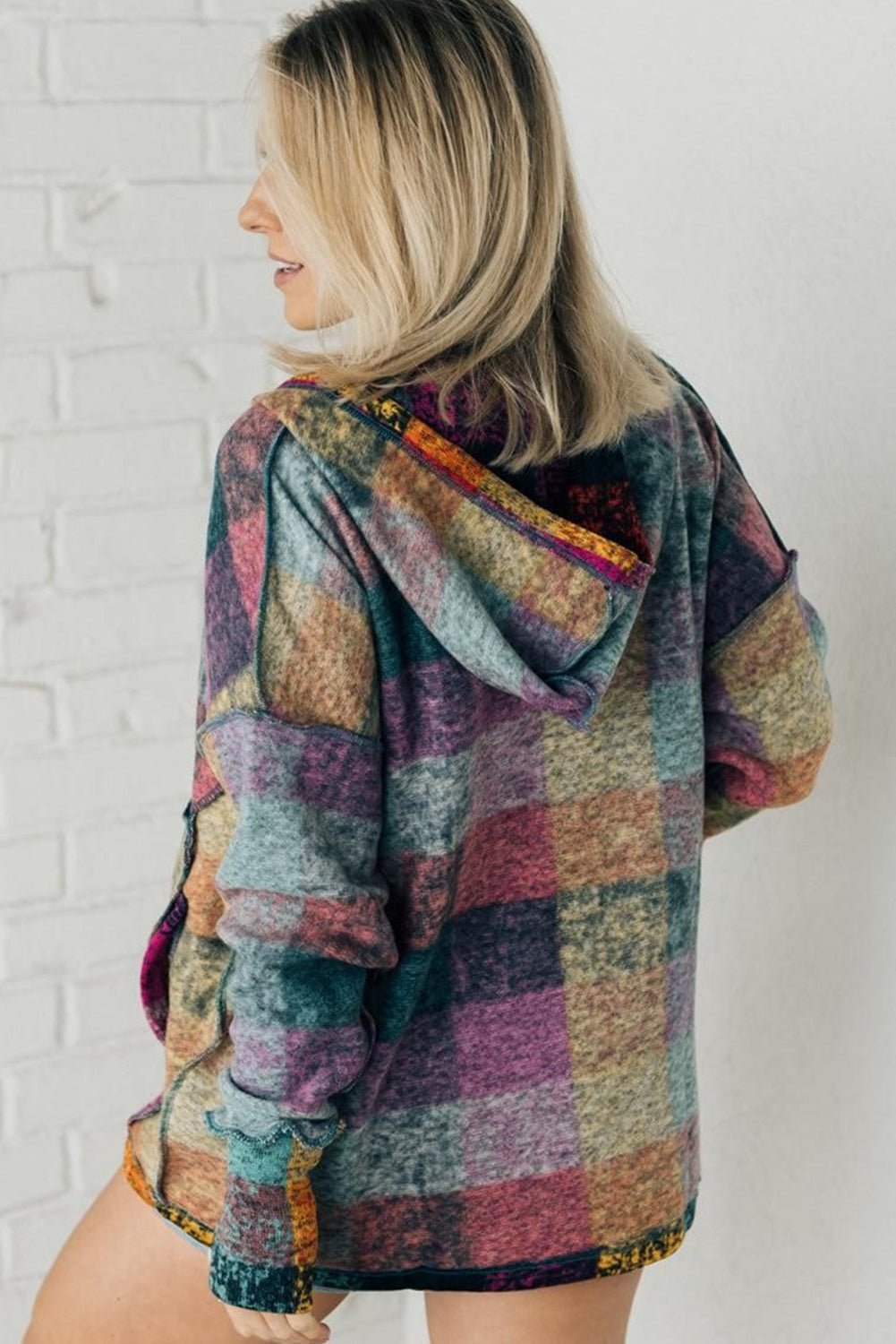 Multicolor Brushed Plaid Buttoned Pullover Oversized Hoodie - Loving It Shop