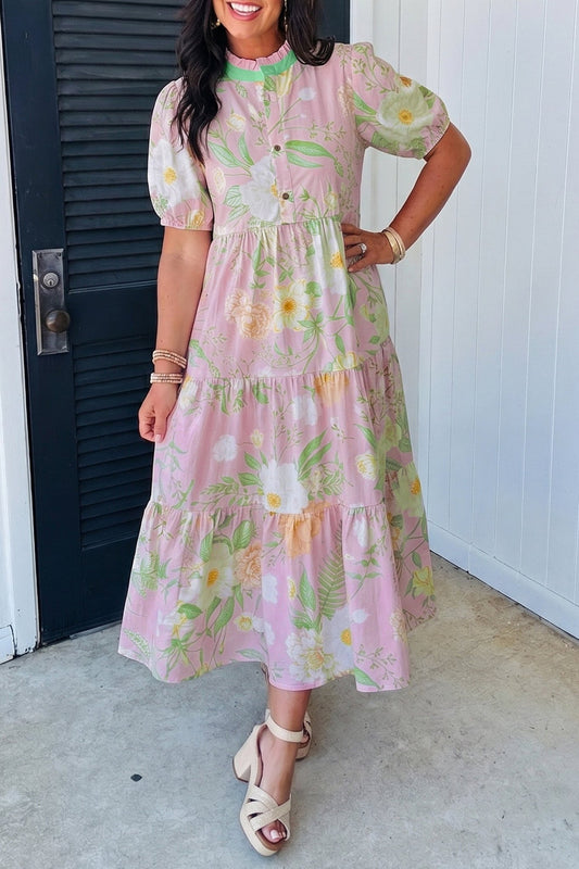 Pink Floral Print Short Puff Sleeve High Waist Tiered Maxi Dress - Loving It Shop