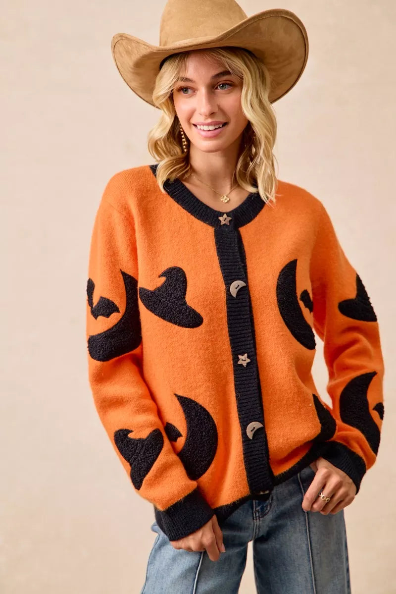 Halloween Witch Hat Moon Bat Artwork Cardigan