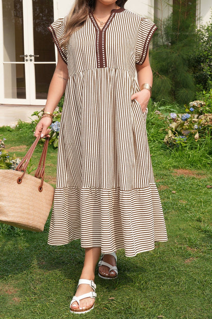 Brown Stripe Plus Size Slit V Neck Tiered Flutter Sleeve Maxi Dress - Loving It Shop