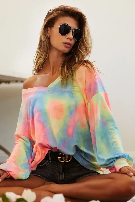 I am a Fashion Junky Tie Dye French Terry V Neck Top