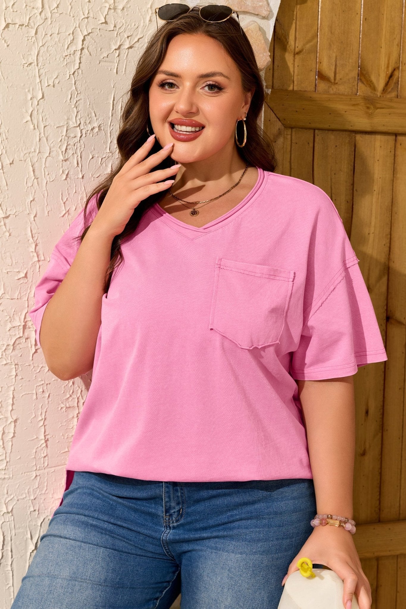 Sachet Pink Plus Size Mineral Wash Raw Edge Round Neck Tee - Loving It Shop
