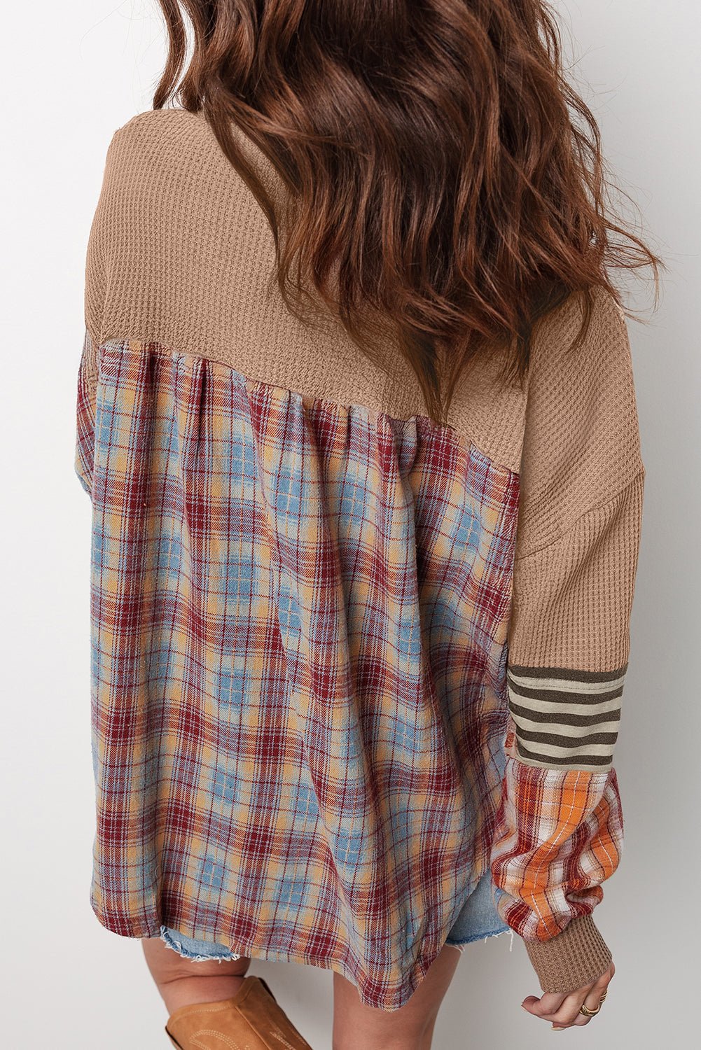 Straw Yellow Waffle Stripe Plaid Patchwork Henley Knit Top - Loving It Shop