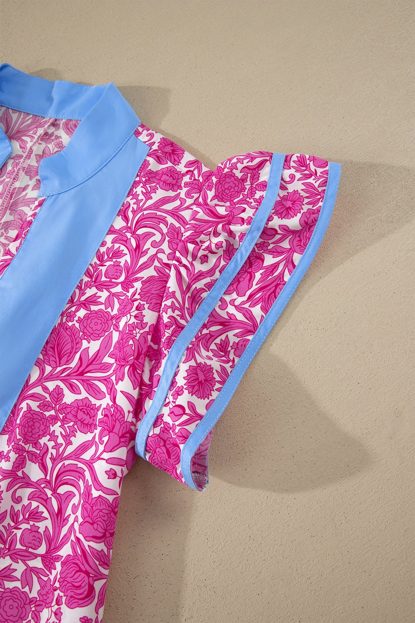 Pink Floral Print Color Block Patchwork V Neck Short Sleeve Midi Dress