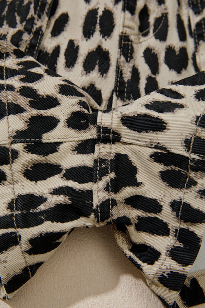 Brown Retro Leopard Print Lace - up Elastic Waistband Mid Rise Denim Shorts - Loving It Shop