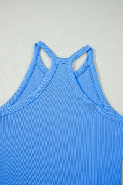 Sky Blue Slim Tank Top Elastic High Waist Shorts 2pcs Outfit - Loving It Shop