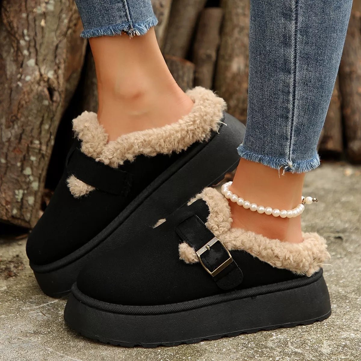 Fuzzy Trim Buckle Platform Slippers - Loving It Shop