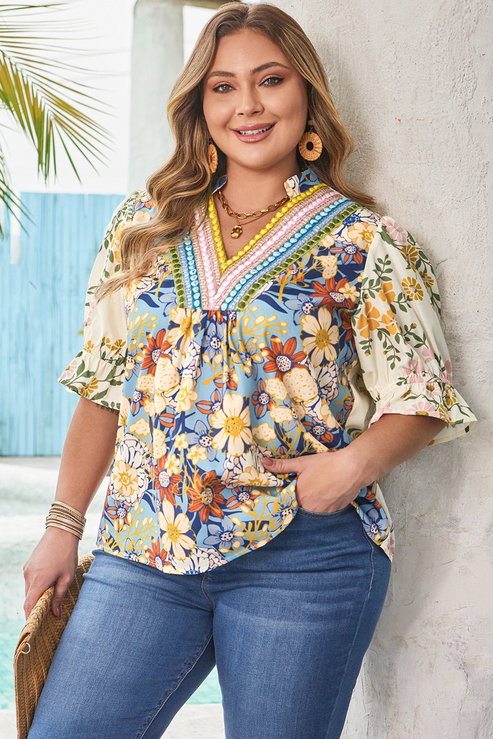 Multicolour Plus Size Floral Print Woven V Neck Half Sleeve Blouse - Loving It Shop