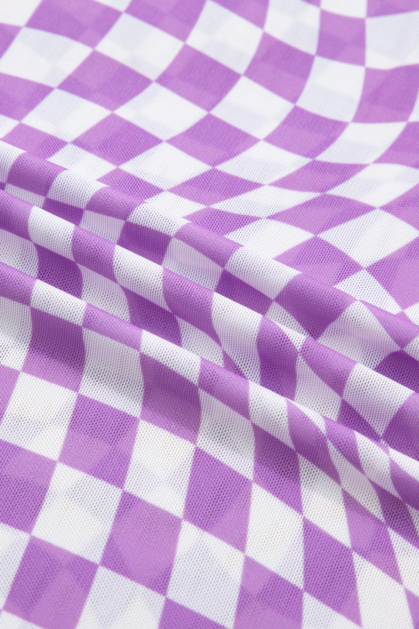 Purple Checkered Print Mock Neck Mesh T Shirt