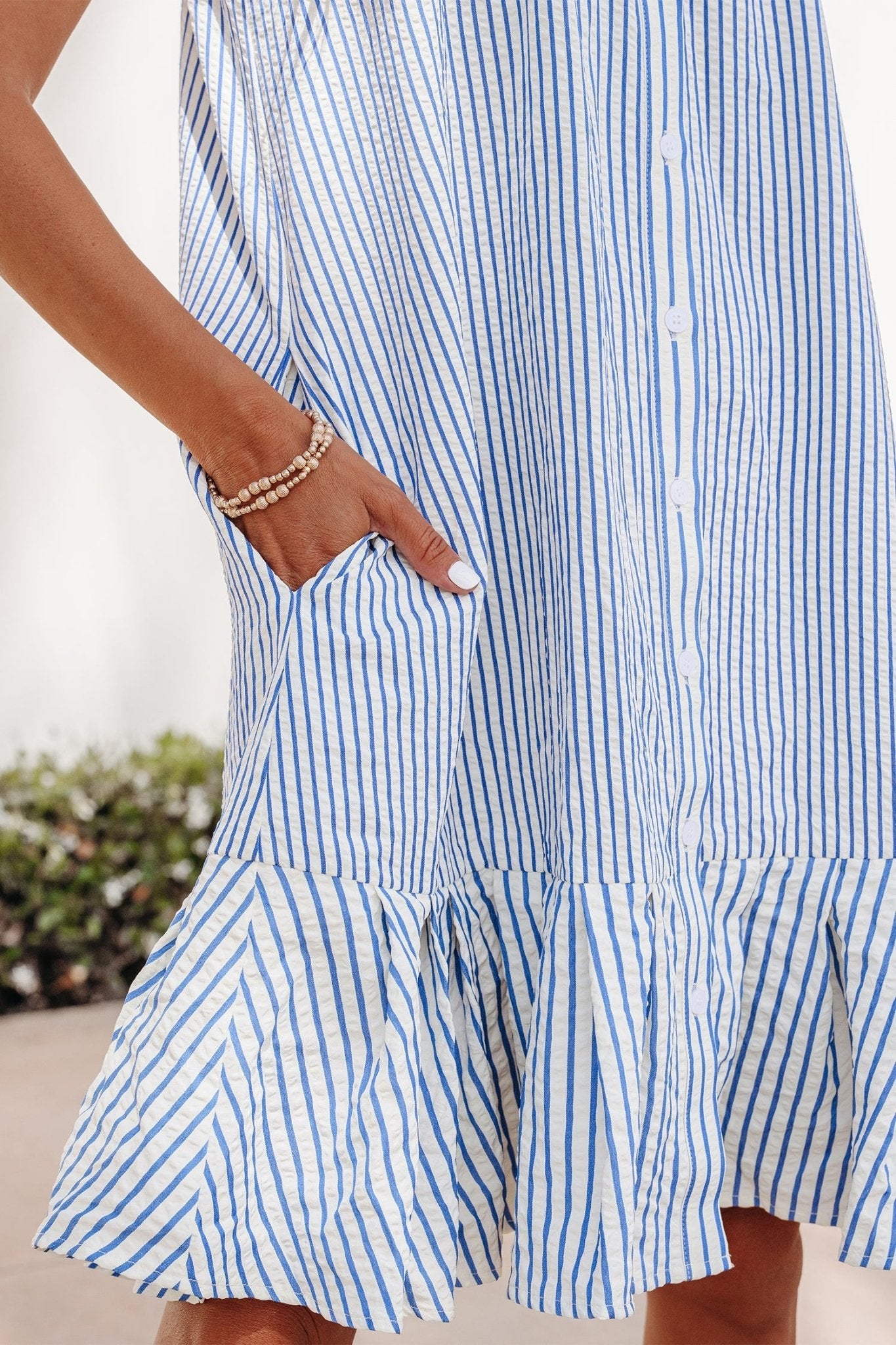 Sky Blue Stripe Shirt Collar Shirred Detail Ruffle Hem Sleeveless Dress - Loving It Shop