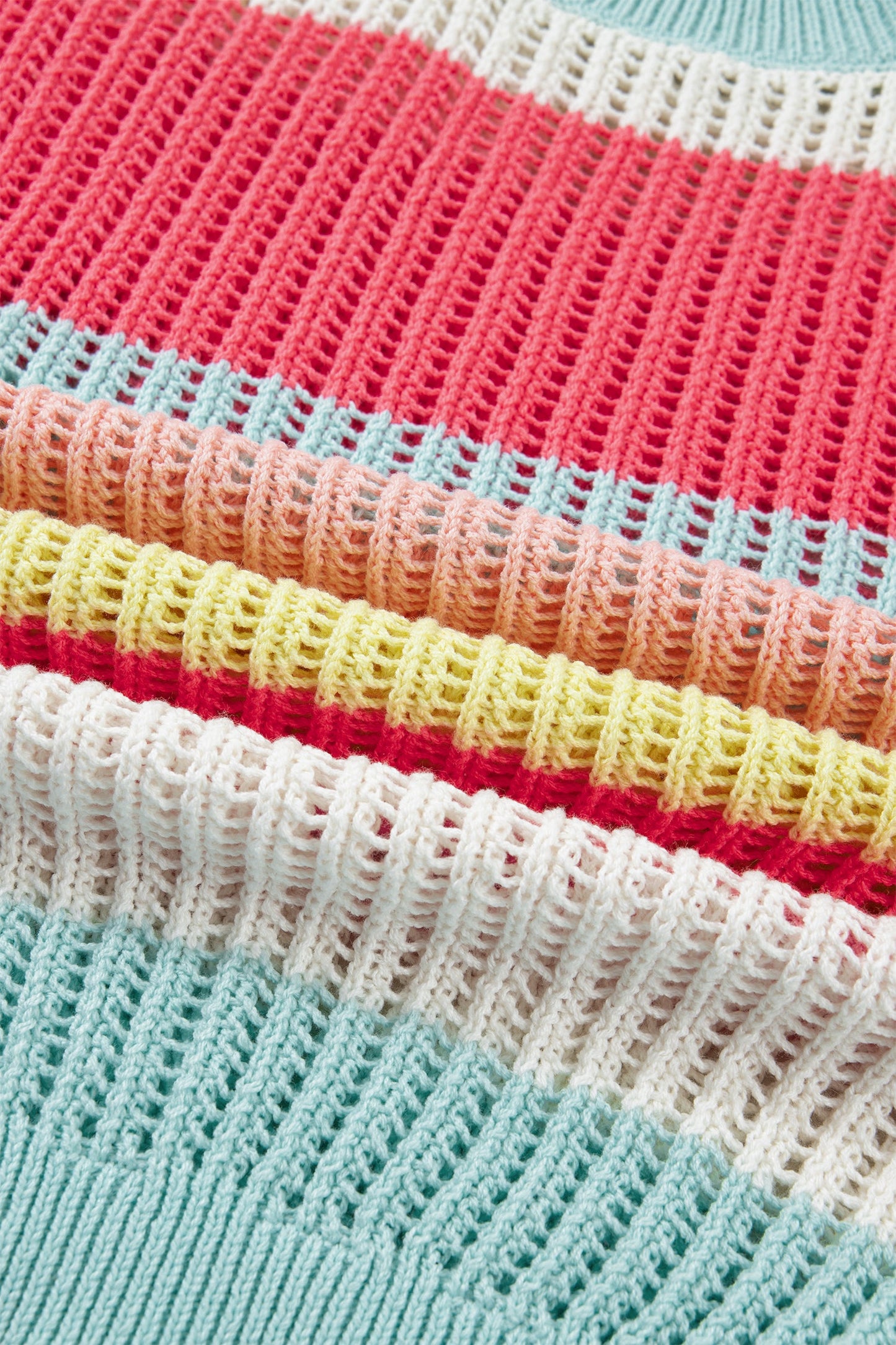 Green Stripe Color Block Hollow Out Knit Short Sleeve Sweater