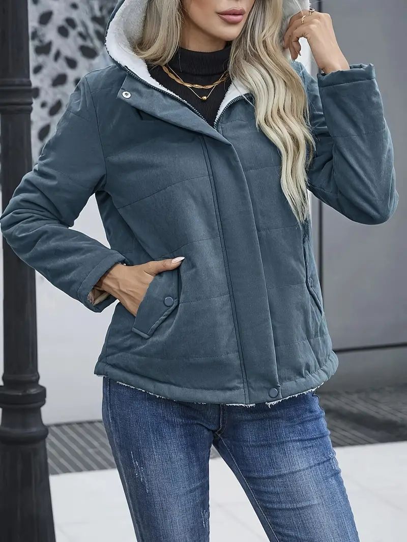 Fleece-lined Hooded Coat Winter Preppy Style Long Sleeve Jacket Warm Pockets Cotton Coat Women&