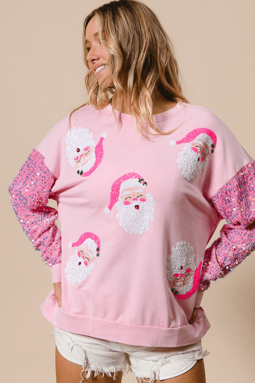 Pink Sequined Santa Claus Long Sleeve Christmas Sweatshirt - Loving It Shop