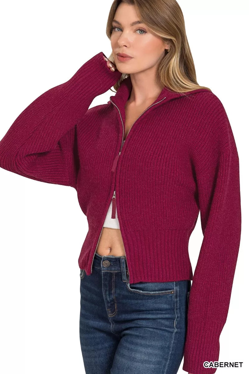 Ribbed Collared Zip Up Sweater Cardigan