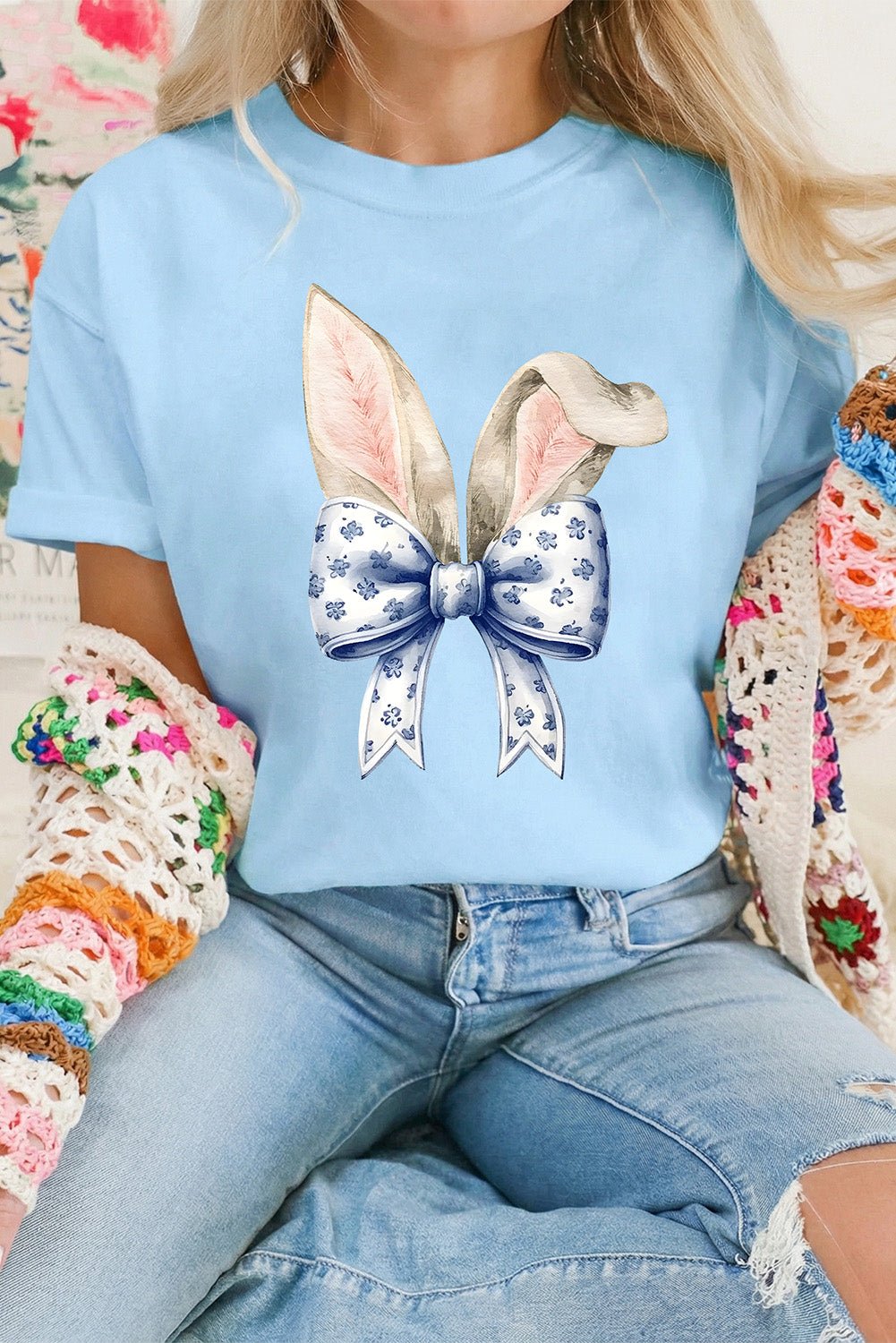 Light Blue Easter Bunny Ears Coquette Bow Graphic Tee - Loving It Shop