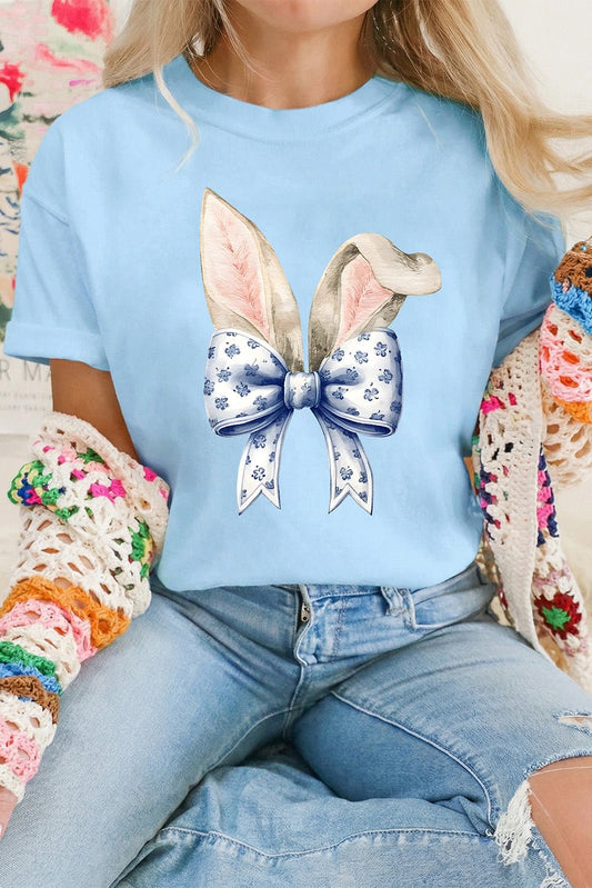 Light Blue Easter Bunny Ears Coquette Bow Graphic Tee - Loving It Shop