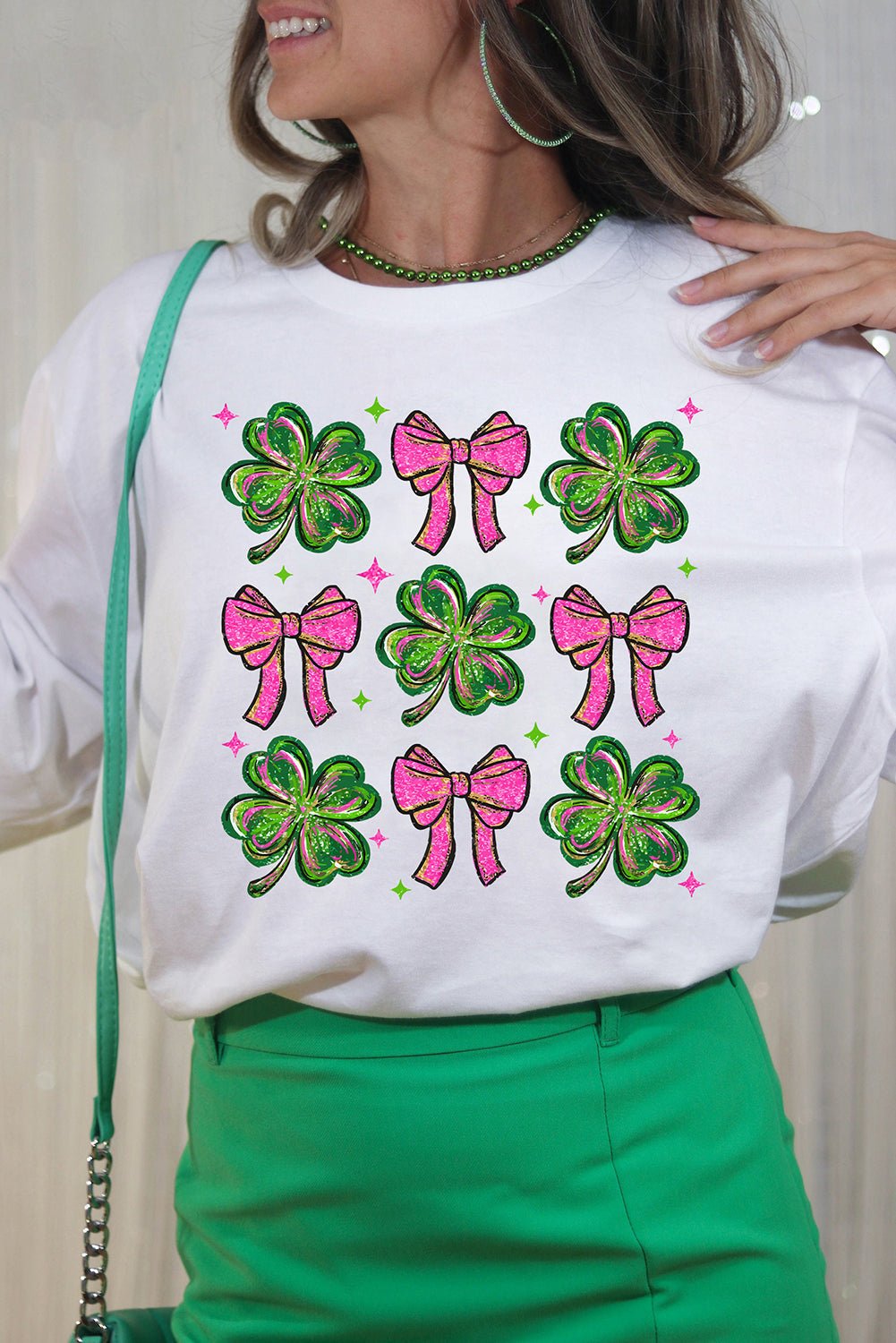 White St Patrick Shamrock Bowknot Printed Crewneck Tee - Loving It Shop