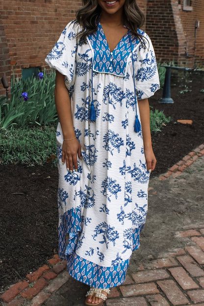 Sky Blue Boho Abstract Print Contrast Trim V Neck Tassel Tie Dress - Loving It Shop