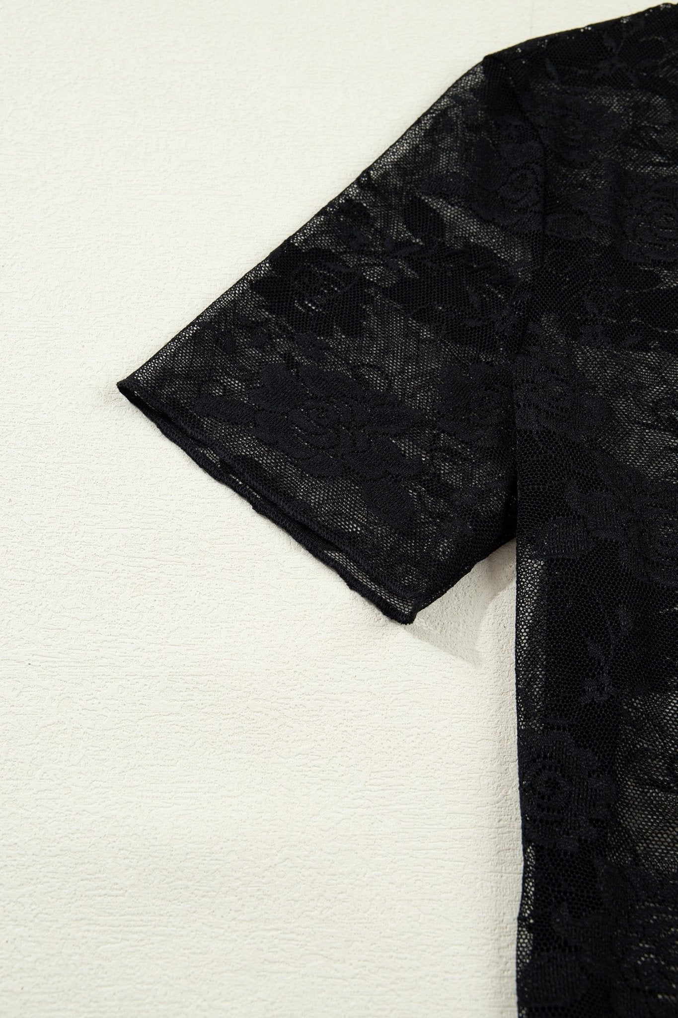 Black Floral Lace Mesh Short Sleeve Sheer Top - Loving It Shop