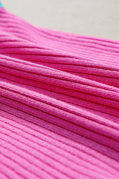 Bright Pink Colorblock Edge Ribbed Knit U Neck Tank Top