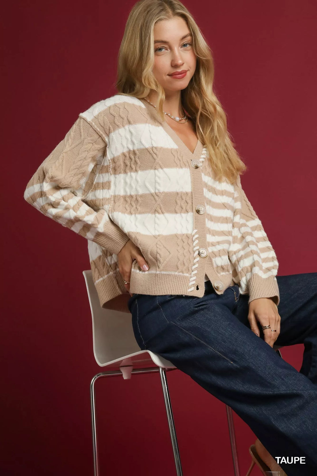 Cable-Knit Stripe Button-Up Cardigan