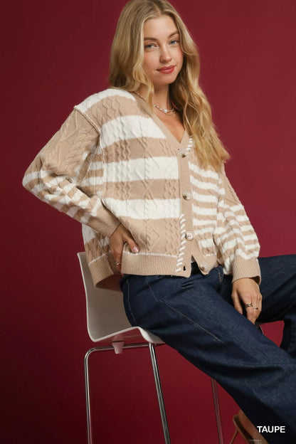 Cable-Knit Stripe Button-Up Cardigan