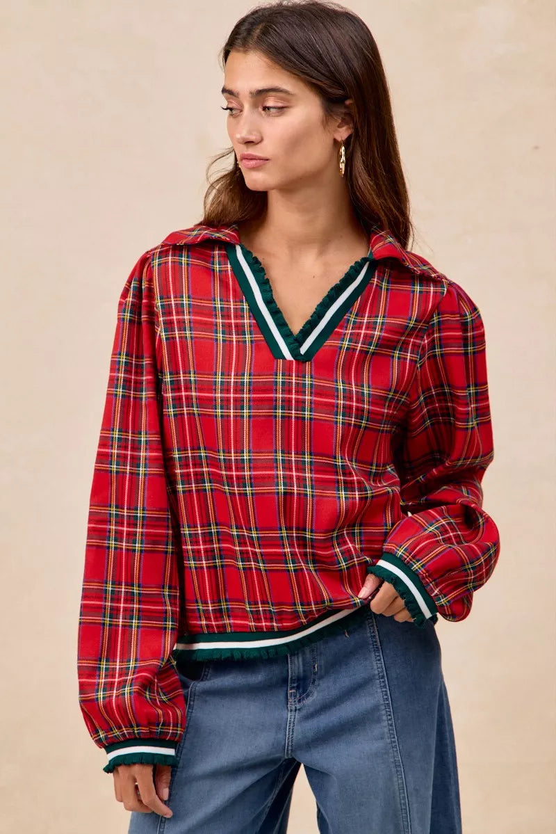 Christmas Plaid Collared Top with Ruffled Detail