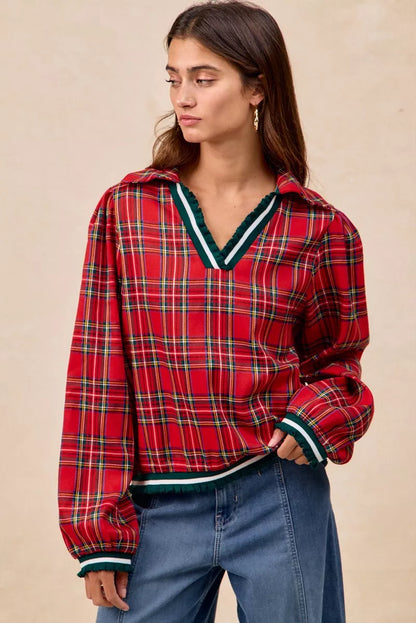 Christmas Plaid Collared Top with Ruffled Detail
