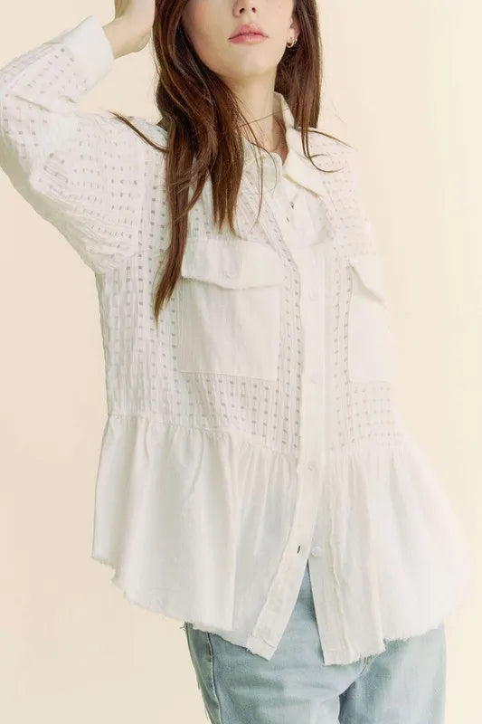 Davi &amp; Dani Garment Washed Jacquard Button Front Shirt