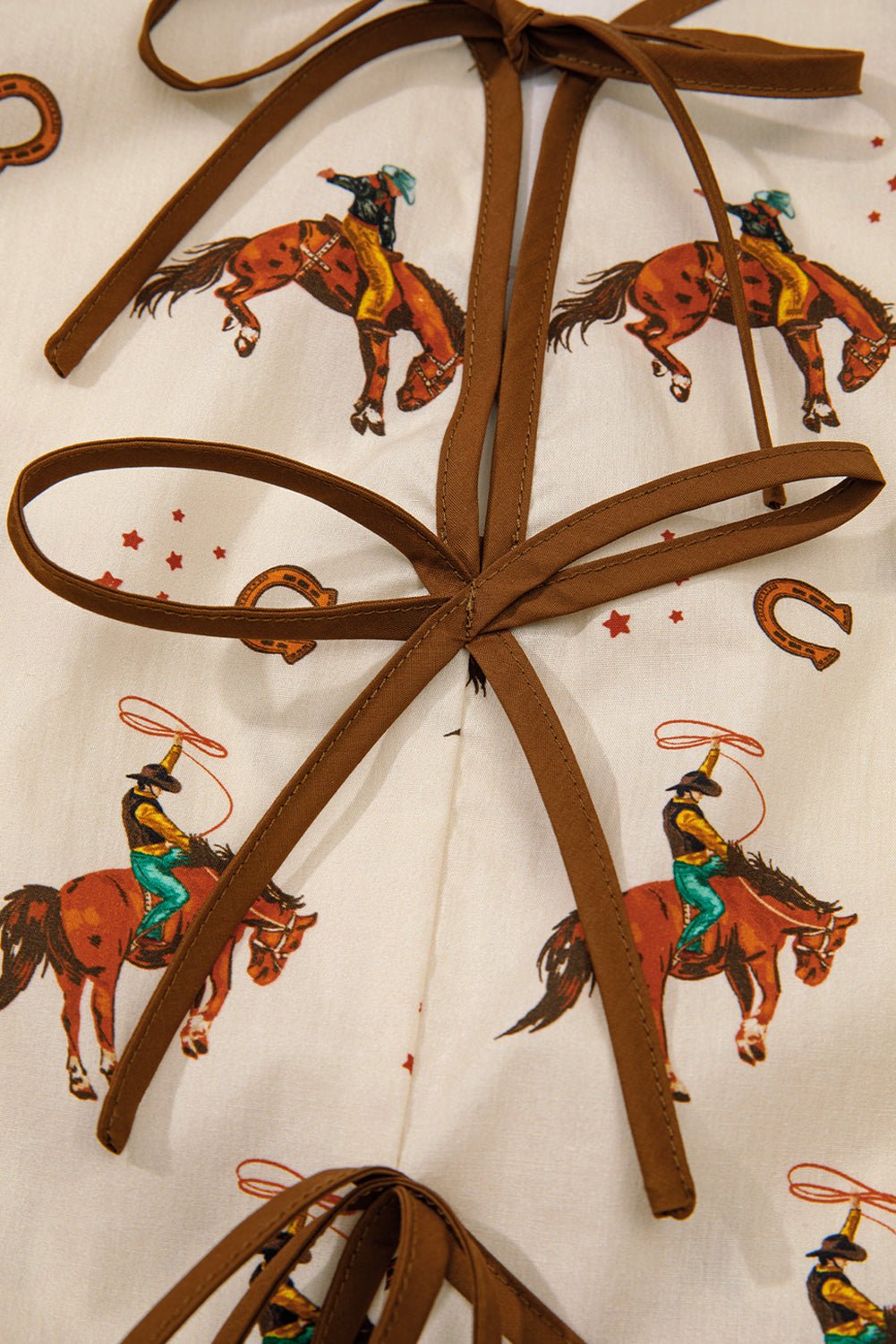 Apricot Western Rodeo Print Tied Front Puff Sleeve Peplum Top - Loving It Shop